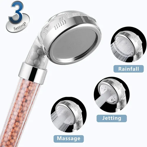 Vista 3 de Cabezal de ducha de mano con filtro - Cabezal de ducha de alta presión con 3 ajustes de pulverización, filtro para agua dura - Para piel y cabello