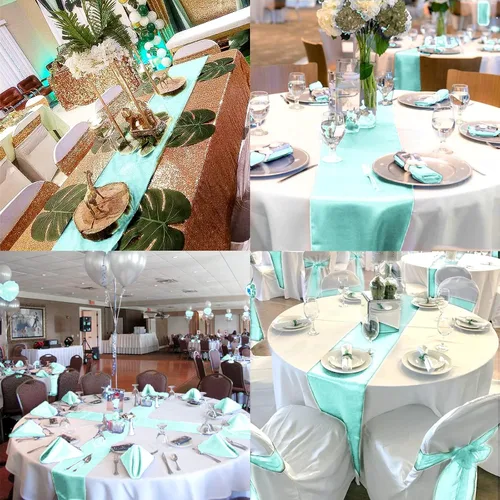 Vista 7 de Pack de 10 caminos de mesa de satén premium Aqua de 12 x 108 pulgadas de largo para bodas, caminos de mesa para decoraciones de fiestas