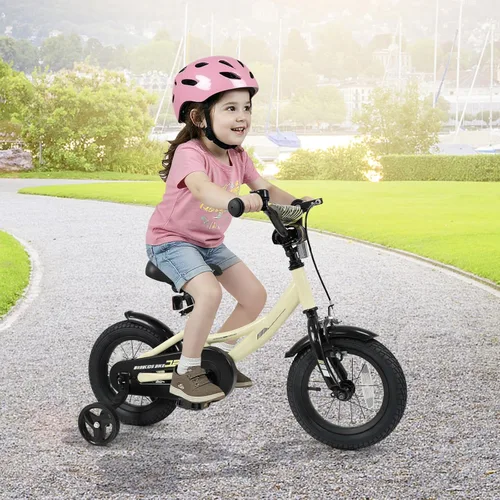 Vista 2 de BABY JOY Bicicleta para niños, bicicleta deportiva de 12 a 18 pulgadas con ruedas de entrenamiento extraíbles, asiento y manubrio ajustables, freno