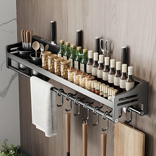 Vista 9 de Wall Stainless Steel Storage Rack Gray with Hooks Kitchen Wall-Mounted No Drilling Required, Multi-Functional Knife Kitchen Storage Stainless Steel