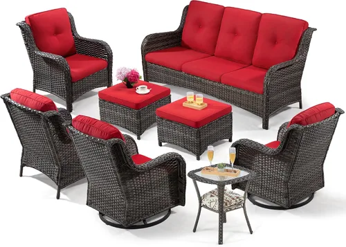 Vista 24 de Juego de 2 sillas de patio giratorias de 360 grados para exteriores y mesa auxiliar a juego – 3 sillas deslizantes de mimbre para patio con cojines