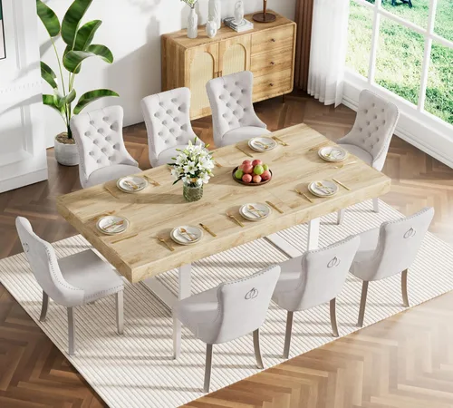 Vista 48 de Juego de mesa de comedor extensible marrón de 63 a 78.74 pulgadas para 4, juego de mesa de comedor de 5 piezas con 4 sillas tapizadas, mesa