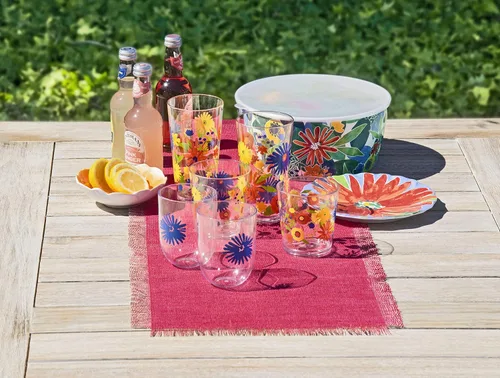 Vista 2 de [Usado] TarHong Midsummer - Juego de 8 vasos acrílicos inastillables con diseño floral y 4 vasos gigantes