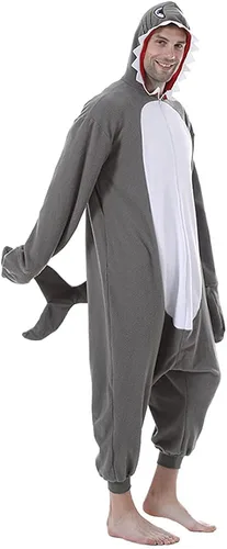 Vista 4 de EraSpooky Pijama de tiburón para adultos, disfraz de animales de una pieza con capucha, unisex