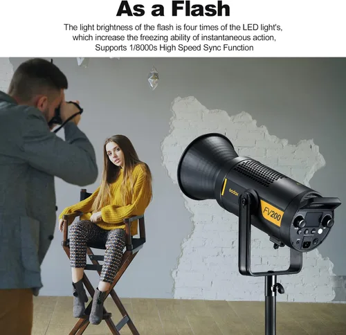 Vista 2 de Godox FV200 200W 2.4G Flash LED Light, CRI96+, TCLI 96+, 18000LUX, 5600K ± 200K, sincronización de alta velocidad 1/8000s, 8 modos de efectos
