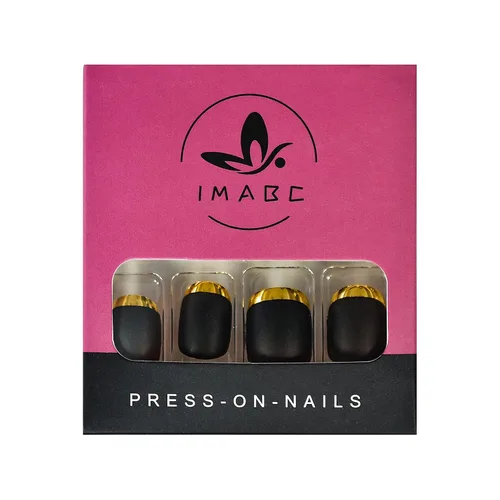 Vista 6 de Uñas postizas a presión de color negro mate, uñas postizas brillantes y doradas con diseño de línea metálica dorada fría de plástico esmerilado, uso