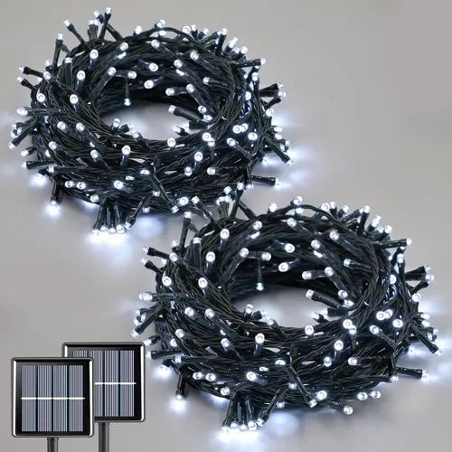 Vista 9 de QITONG Paquete de 2 luces solares azules y blancas de Navidad, cada cadena de 200 luces LED solares de 66 pies para exteriores, impermeable, 8 modos