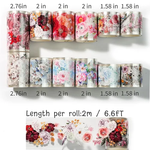 Vista 3 de Juego de 12 Rollos de Cinta Washi Floral de PET y Pegatinas de PET – Fácil de Usar para Journaling y Elaboración de Tarjetas, Ideal