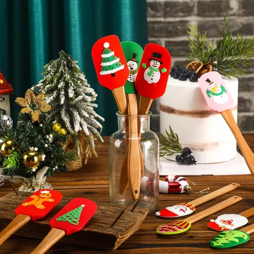 Vista 4 de Espátula de silicona de Navidad con mango de madera de muñecos de nieve, espátula para panqueques, raspador de pan lindo, raspador de plato