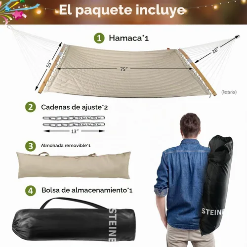 Vista 7 de Hamaca doble, hamaca de tela acolchada de 11 pies para 2 personas para exteriores con almohada, barra separadora curvada plegable, cadenas, bolsa
