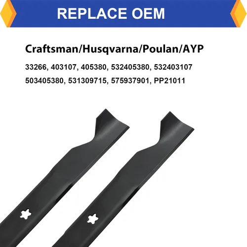 Vista 3 de Paquete de 2 cuchillas de repuesto para cortacésped de elevación media para Craftsman Husqvarna Poulan 33266 403107 405380 532405380 PP21011 AYP
