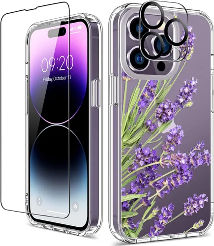 Vista 20 de Funda para iPhone 14 Pro con protector de pantalla, 6.1 pulgadas, transparente de cuerpo completo, a prueba de golpes, diseño floral, para niñas