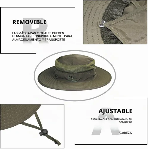 Vista 4 de YR.Lover Gorra de pesca de ala ancha con protección solar UV para exteriores con solapa extraíble