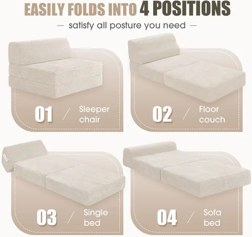 Vista 5 de Kasunpul sofá cama plegable con cojín, sofá cama plegable de espuma viscoelástica, silla cama convertible con funda lavable, sofá futón para piso