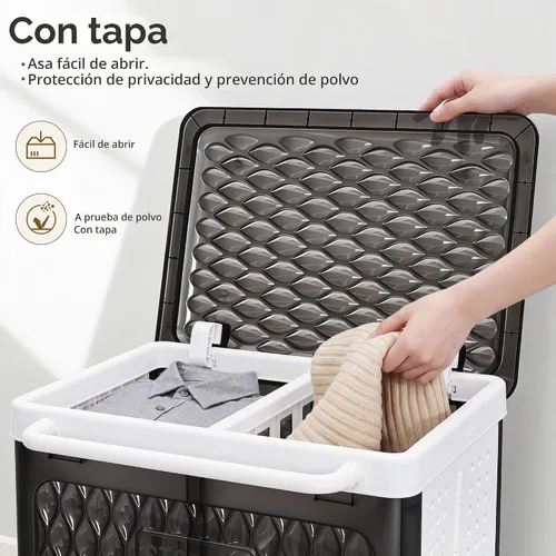 Vista 4 de VECELO Cesta de lavandería con ruedas y tapa, cesta plegable de plástico con asa, carrito de lavandería dividido rodante para espacios pequeños Negro