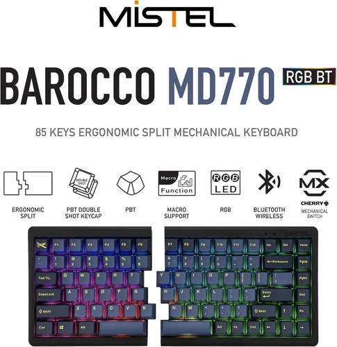 Vista 2 de Mistel BAROCCO MD770 RGB con cable + teclado mecánico inalámbrico Bluetooth TKL dividido con interruptor azul Cherry MX, teclado ergonómico
