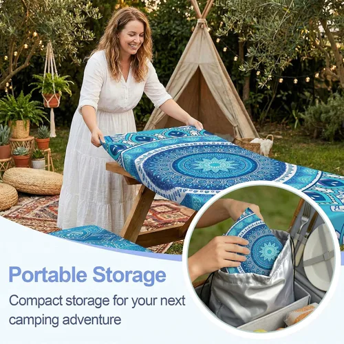 Vista 6 de Funda de mesa de picnic con fundas para bancos Esenciales de camping Mantel de picnic impermeable y a prueba de viento con bolsa de cordón, funda