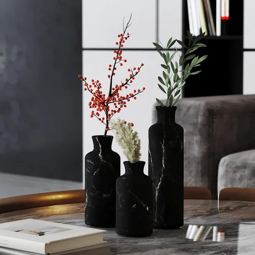 Vista 6 de Creative Scents Juego de jarrones con aspecto de mármol negro, jarrones para decoración del hogar, calidad premium para sostener hierba de pampa