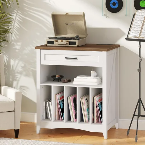 Vista 7 de RALGEND Soporte grande para tocadiscos con estación de carga, armario de almacenamiento de discos de vinilo con cajón y LED, mesa giratoria