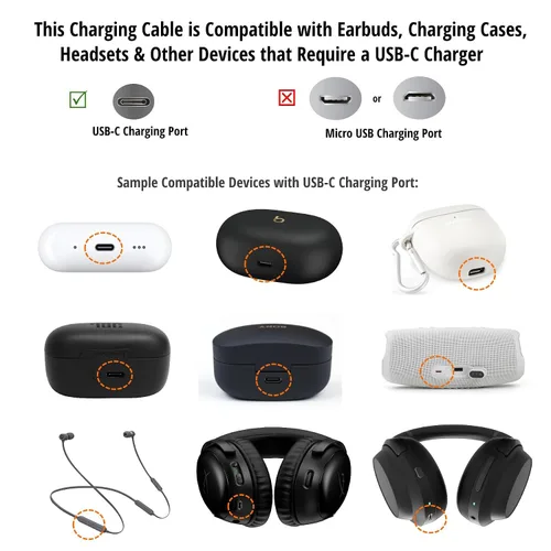 Vista 2 de ienza Cable de carga USB-C tipo C a USB-A de 3 pies para auriculares inalámbricos Beats Flex, Axon, Sony, JBL, Raycon, TOZO, Bose y auriculares