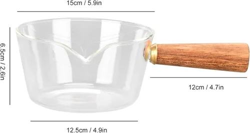 Vista 6 de Sartén para leche, olla de leche de vidrio con mango de madera antiadherente, con boquilla en forma de V, cacerola para cocinar, accesorios