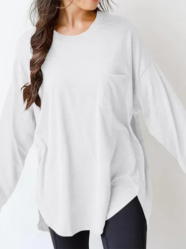 Vista 2 de Wihion Camisetas de Manga Larga Holgadas para Mujer de Algodón Casual Cuello Redondo Color Sólido Túnica con Bolsillo