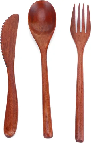 Vista 7 de Juego de cubiertos de madera Cuchara Tenedor Cuchillo Cubiertos de Madera Vajilla Vajilla Portátil con Bolsa
