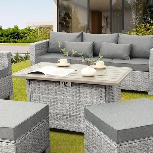 Vista 3 de WAROOM Fogata de propano para exteriores, mesa de fogata de patio de mimbre PE de 43 pulgadas con protector contra el viento de vidrio, vidrio