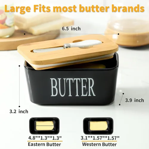Vista 2 de Hasense Mantequillera con Tapa, Plato de Mantequilla de Cerámica con Cuchillo para Encimera, Recipiente Hermético Cubierto para Mantener Negro