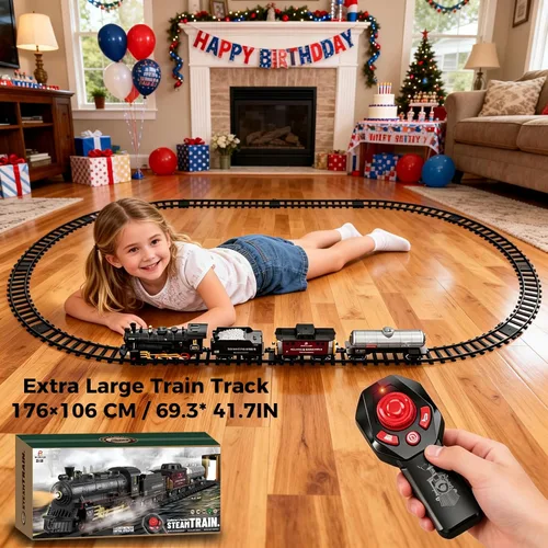 Vista 5 de Juego de tren eléctrico con control remoto de Navidad, locomotora de vapor, vagón de carga y pistas, juguetes de tren recargables para niños con 3