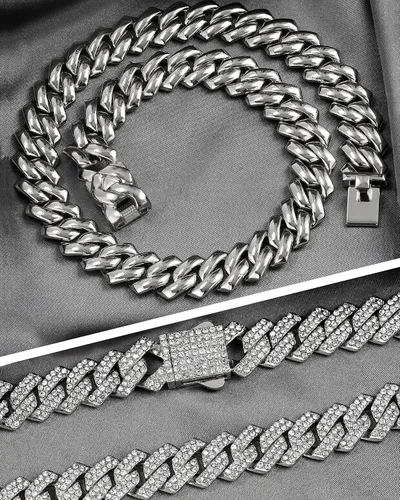 Vista 4 de WKTYCCT 2 cadenas de eslabones cubanos para hombres y mujeres, collares cubanos de Miami, oro y plata de 0.55 pulgadas (0.551 in), juego de collar