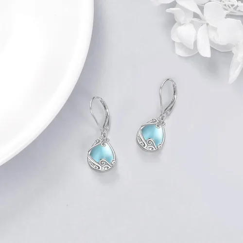 Vista 135 de Aretes colgantes con forma de lágrima de filigrana de piedra lunar de plata de ley 925 con cierre de palanca para mujer, regalos de joyería