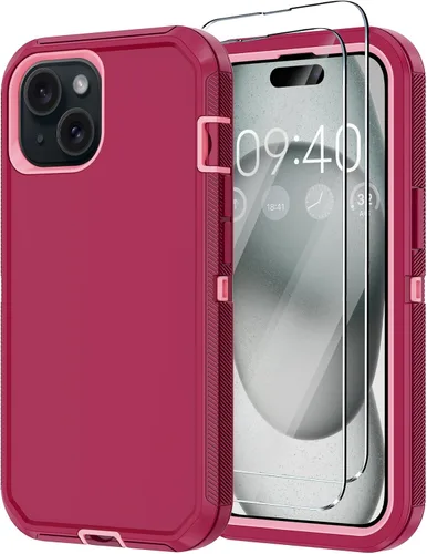 Vista 8 de Funda para iPhone 15 con 2 Protectores de Pantalla, Protección Contra Caídas a Prueba de Golpes, Cuerpo Completo, Uso Pesado, 3 Capas, Militar Negro