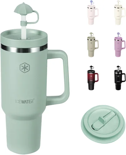 Vista 9 de ICEWATER Vaso de 40 oz con 2 tapas (abatible y pajita estándar), 100% a prueba de fugas, vaso aislado con asa, compatible con portavasos, botella