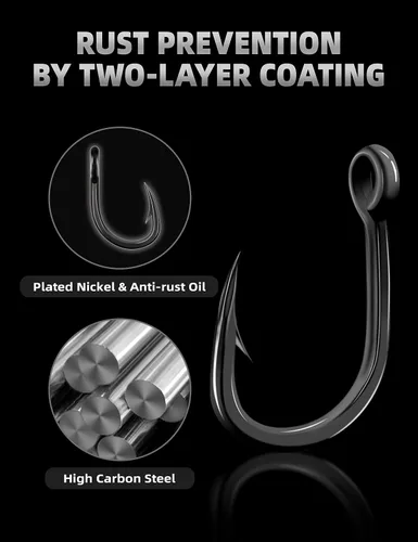Vista 7 de BLUEWING Big Game Live Bait Hooks Heavy Duty Cutting Point, High Carbon Steel Ringed Hooks for Saltwater Fishing