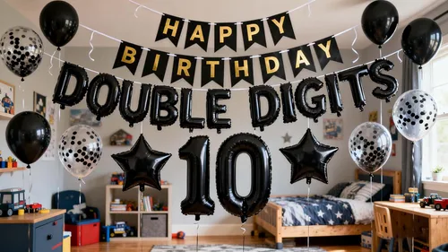 Vista 2 de Decoraciones de cumpleaños número 10 para niños, decoración negra de papel de aluminio de doble dígito, pancarta negra número 10 con globos