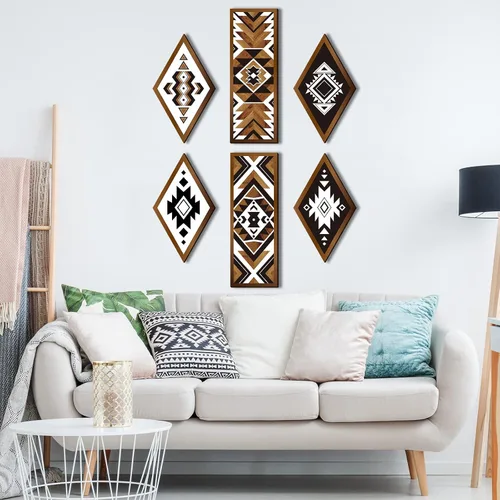 Vista 4 de Tatuo 6 Piezas de Decoración de Pared Azteca Occidental para el Hogar Estilo Granja Sureste Marco Colgante de Pared Arte Abstracto Moderno Boho