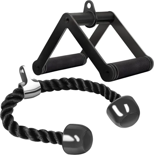 Vista 7 de Accesorio de cable de doble mango en D para entrenamiento con pesas, de acero con empuñadura de goma antideslizante (negro)