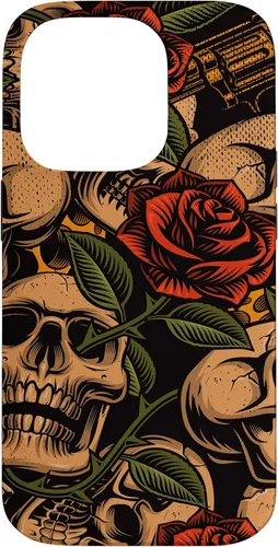 Vista 17 de Funda con diseño de tatuajes de flash tradicional para iPhone 17 con diseño retro rojo de rosas de calavera