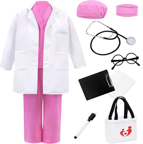 Vista 10 de Disfraz de médico para niños, conjunto de bata de laboratorio y ropa quirúrgica con accesorios para jugar y disfrazarse de 3 a 12 años Verde