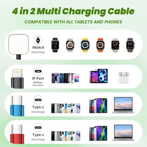 Vista 2 de Travel Essentials - Cargador de Apple Watch, doble tipo C, cable de carga múltiple 4 en 2, cargador de viaje USB A/C para múltiples dispositivos