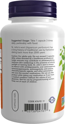 Vista 3 de Suplementos NOW, hierba de San Juan 300 mg, extracto estandarizado, 250 cápsulas vegetales