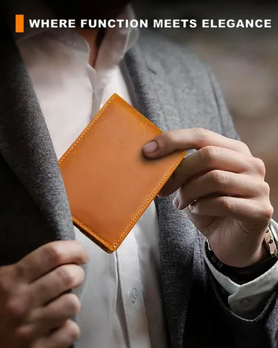 Vista 43 de Billetera AirTag para hombre, de piel auténtica plegable con bloqueo Rfid AirTag con ranuras para efectivo y ventana de identificación, compatible