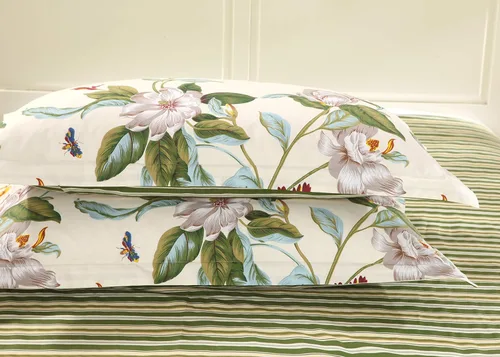 Vista 7 de FADFAY Juego de funda de edredón floral 100% algodón a rayas verdes y beige, ropa de cama de flores desgastadas con diseño de ramas botánicas