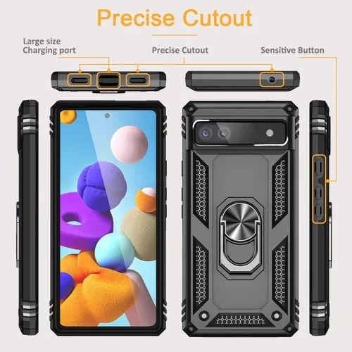 Vista 7 de Funda para Google Pixel 6a con protector de pantalla de vidrio templado [2 unidades], funda protectora de grado militar a prueba de golpes con Negro