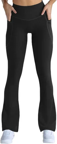 Vista 2 de Aurgelmir Pantalones de yoga para mujer, de forro polar, cintura alta, pierna ancha, pantalones acampanados con bolsillos