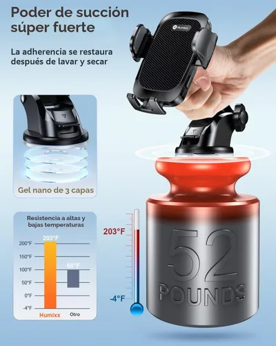 Vista 2 de Soporte de teléfono para automóvil [súper succión de grado militar] Soporte universal para teléfono manos libres para salpicadero de parabrisas