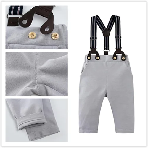 Vista 7 de TAOJIAN Conjunto de traje de caballero para niños pequeños, mameluco con botones para recién nacido+pantalones con tirantes desmontables+pajarita +