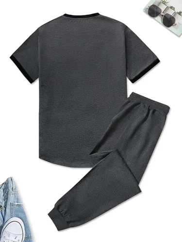 Vista 3 de MakeMeChic Conjunto casual de 2 piezas para hombre, camiseta de manga corta con cordón en la cintura