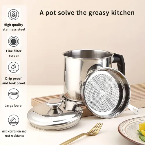 Vista 7 de Kyraton Contenedor de Grasa de Tocino con Colador, Recipiente de Aceite de Acero Inoxidable de 48 oz, Recipiente de Grasa de Olla con Tapa, Mango